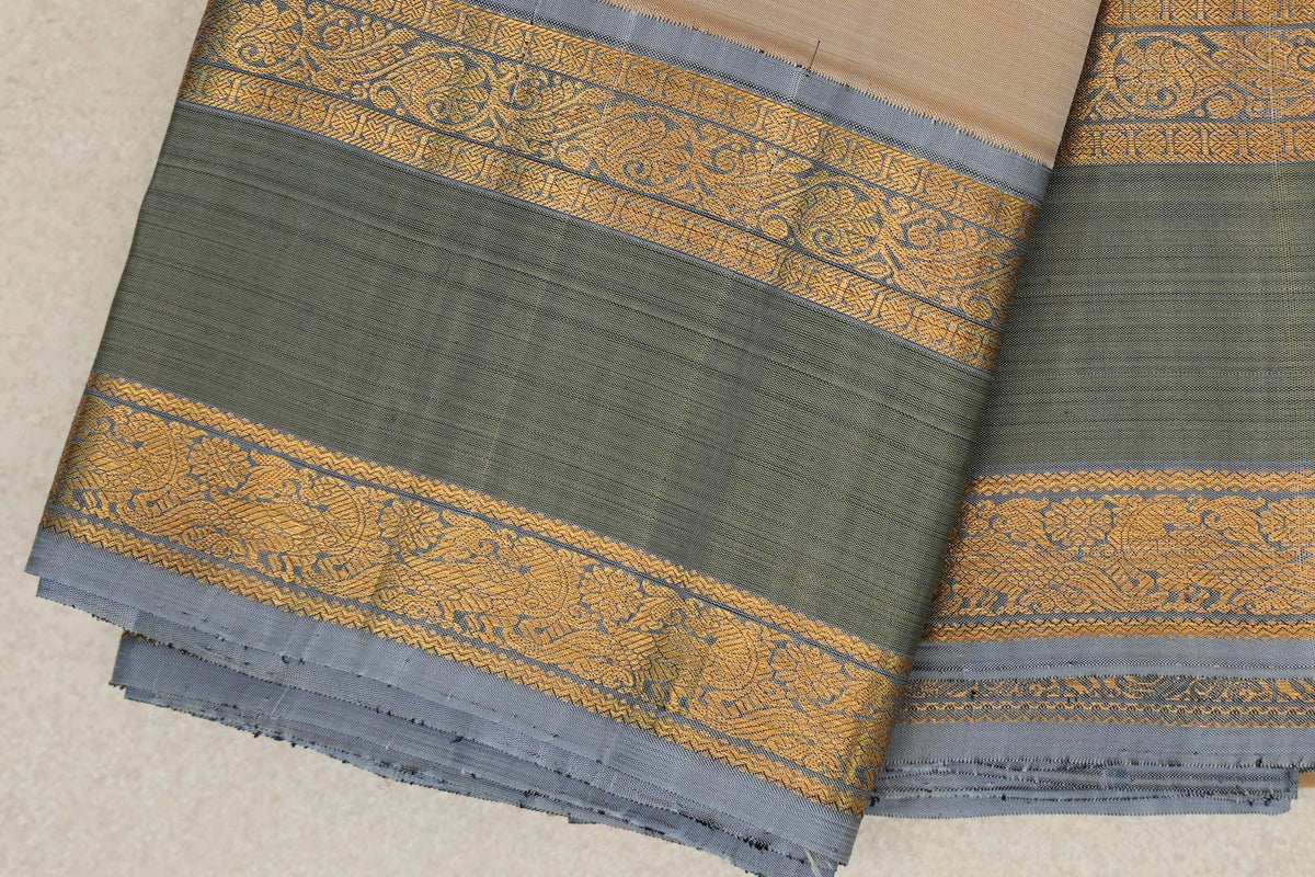 Cream Beige Vintage Kanjivaram Silk Saree rettai pettu border