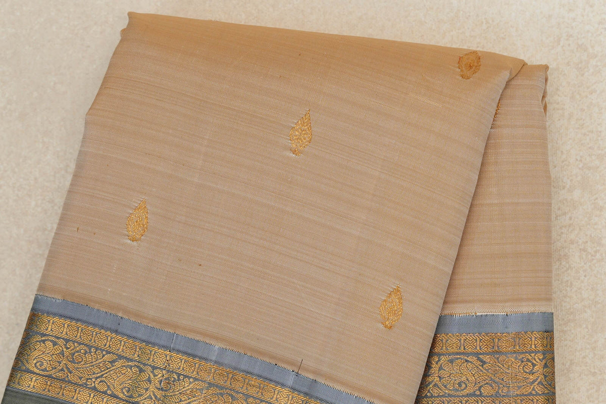 Cream Beige with Grey Blue Rettai Pettu Borders Vintage Kanjivaram Silk Saree body