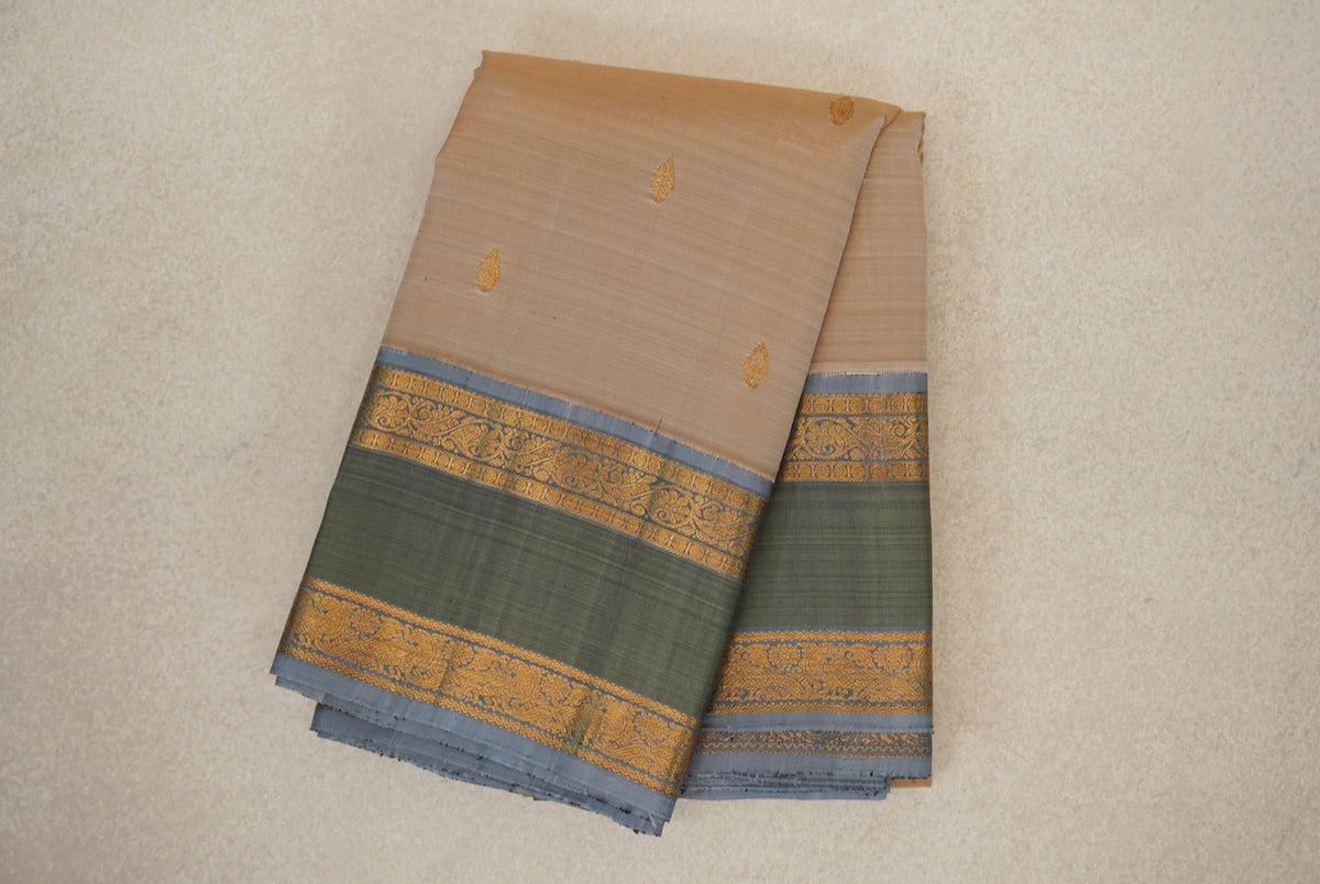 Cream Beige with Grey Blue Rettai Pettu Borders Vintage Kanjivaram Silk Saree