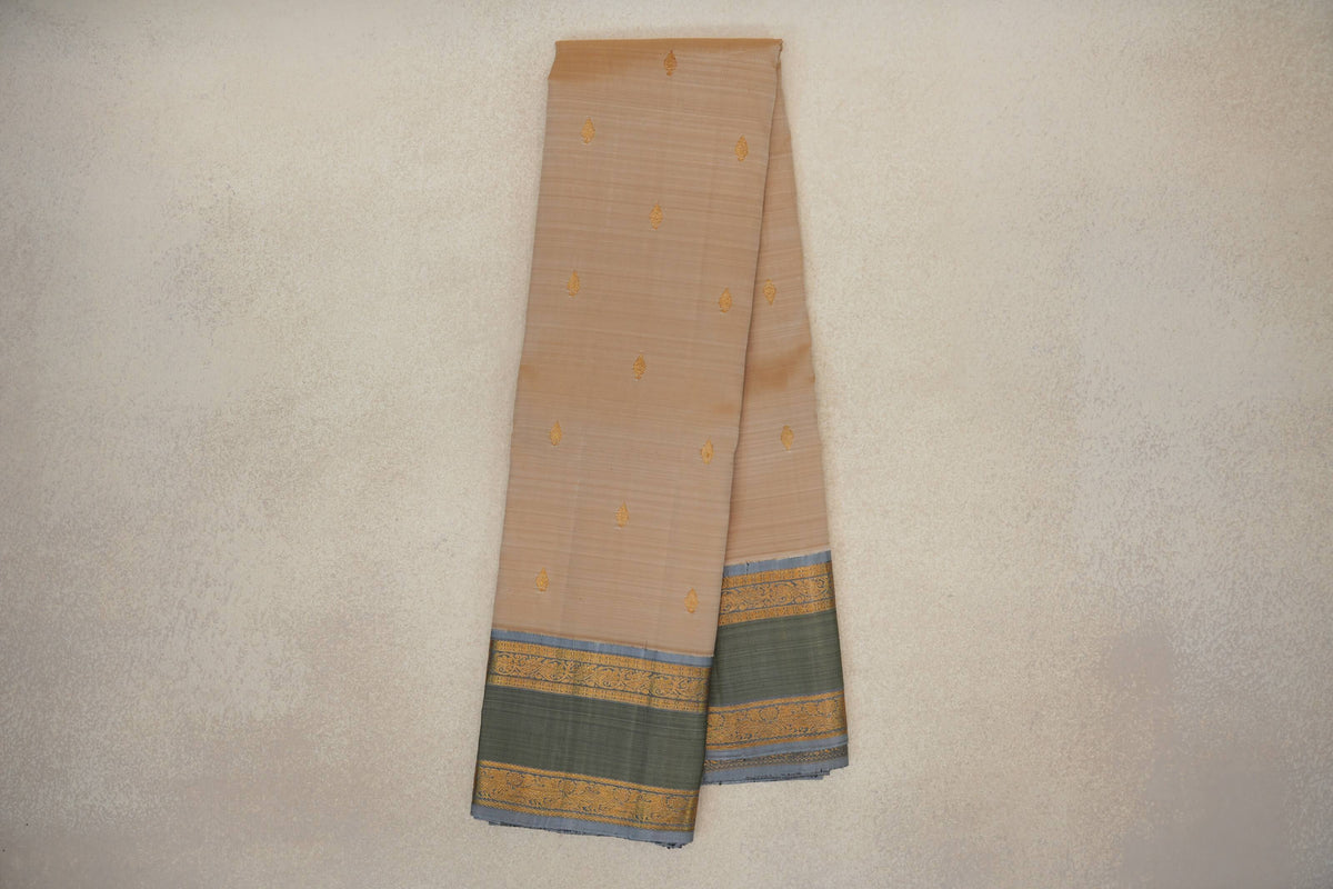 Online Cream Beige with Grey Blue Rettai Pettu Borders Vintage Kanjivaram Silk Saree