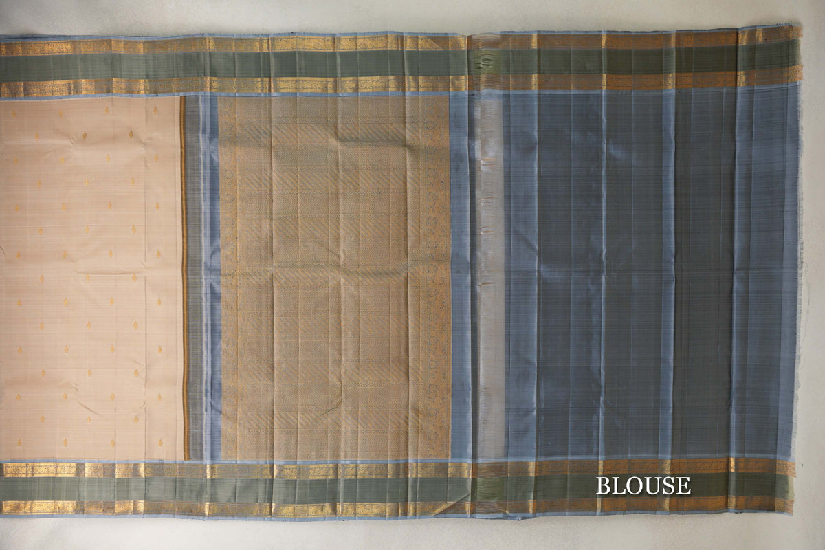 Cream Beige with Grey Blue Rettai Pettu Borders Vintage Kanjivaram Silk Saree blouse