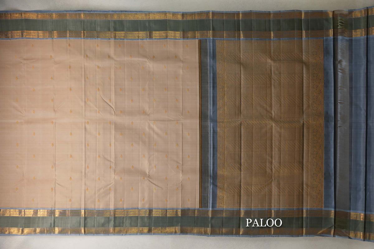 Cream Beige with Grey Blue Rettai Pettu Borders Vintage Kanjivaram Silk Saree paloo
