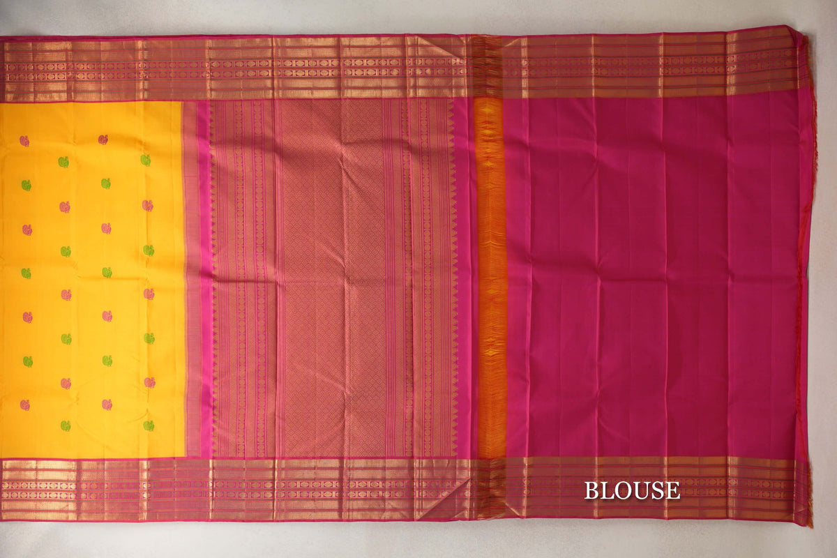 Mango Yellow with Deep Pink Vintage Kanjivaram Silk Saree blouse