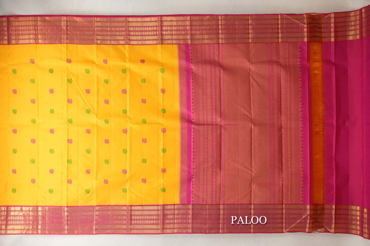 Mango Yellow with Deep Pink Vintage Kanjivaram Silk Saree paloo