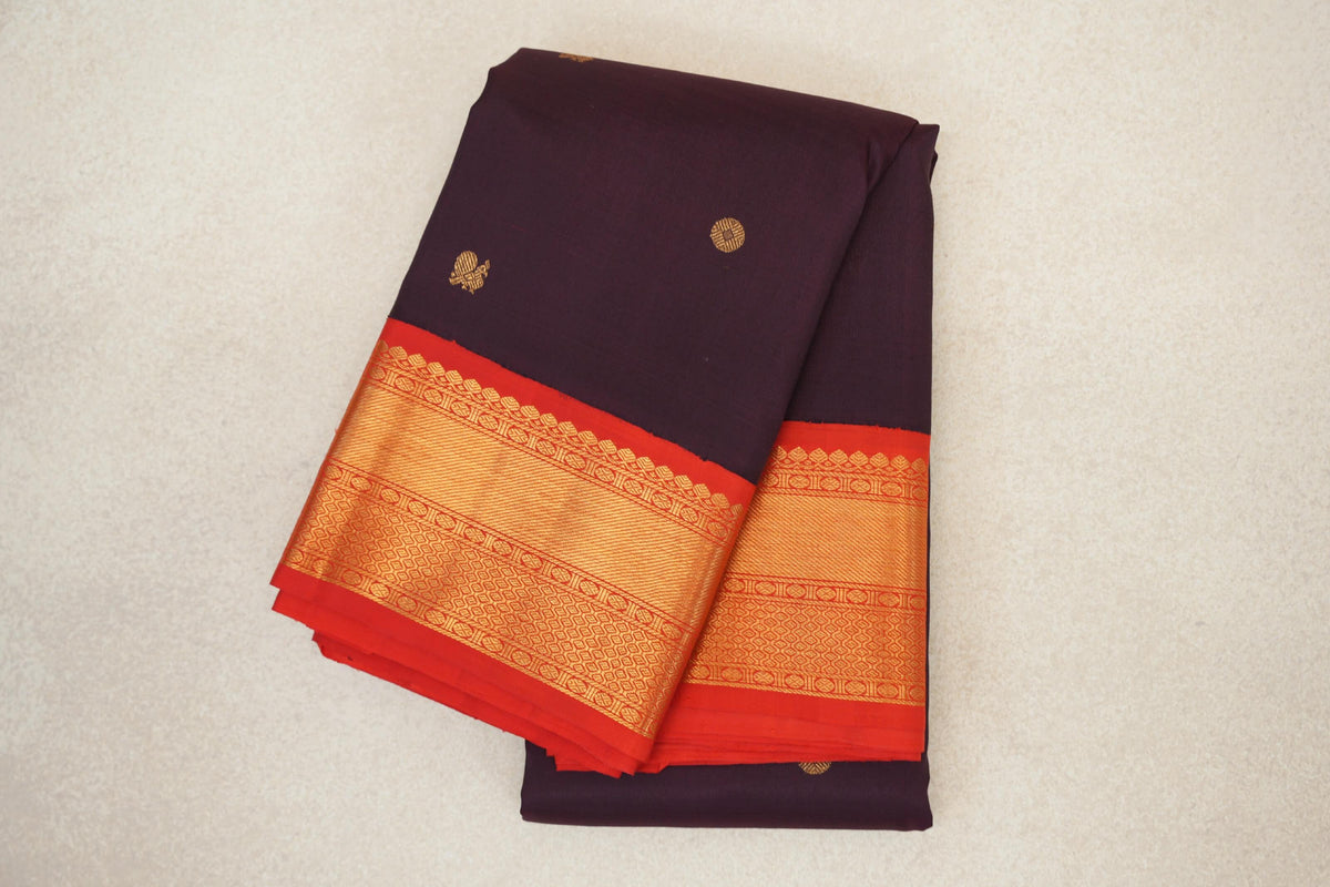 Deep Plum with Bright Red Borders Plant Based Kanjivaram Silk Saree