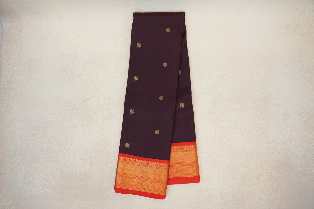 Online Deep Plum with Bright Red Borders Plant Based Kanjivaram Silk Saree