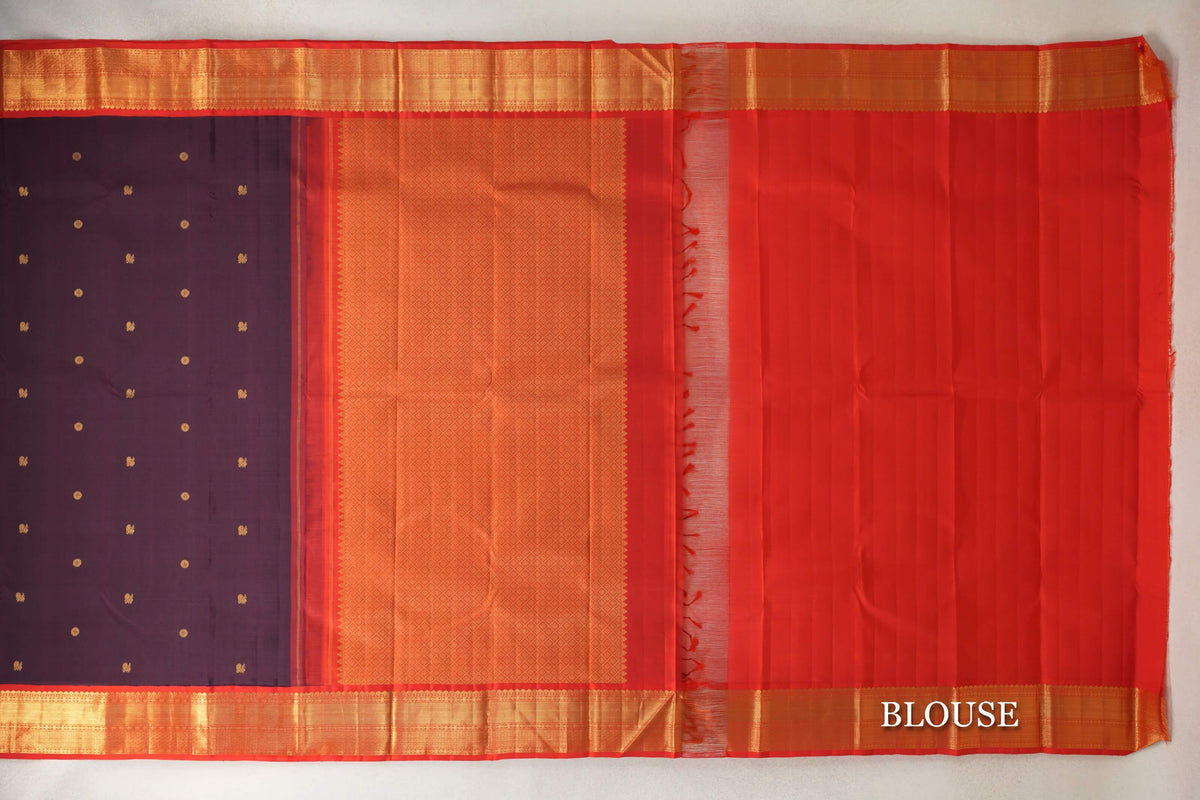 Deep Plum with Bright Red Borders Plant Based Kanjivaram Silk Saree blouse