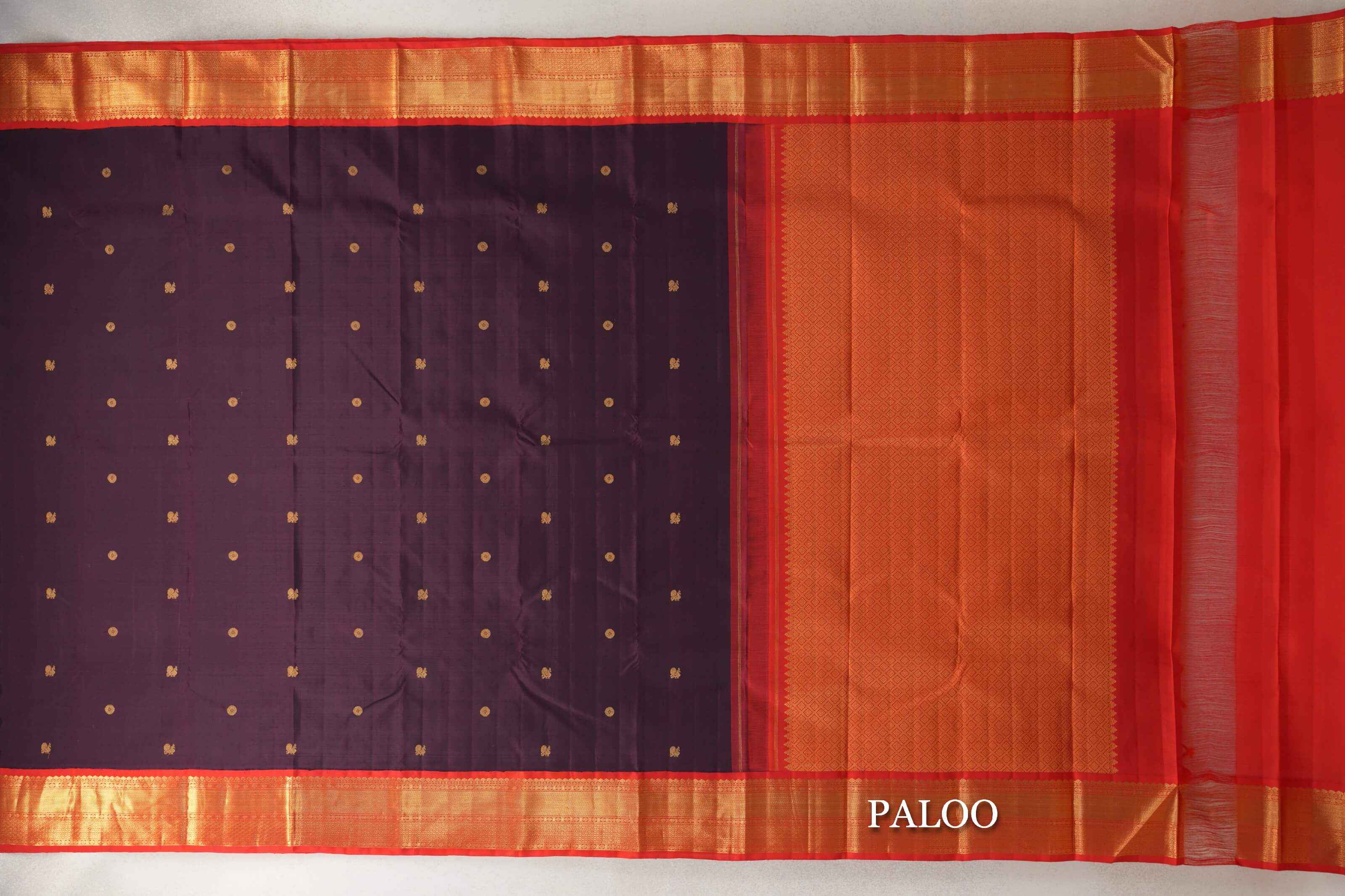 Deep Plum with Bright Red Borders Plant Based Kanjivaram Silk Saree paloo