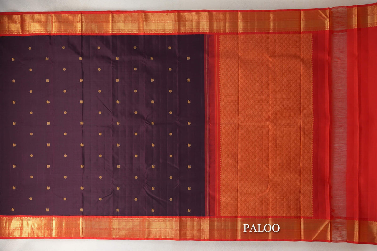 Deep Plum with Bright Red Borders Plant Based Kanjivaram Silk Saree paloo