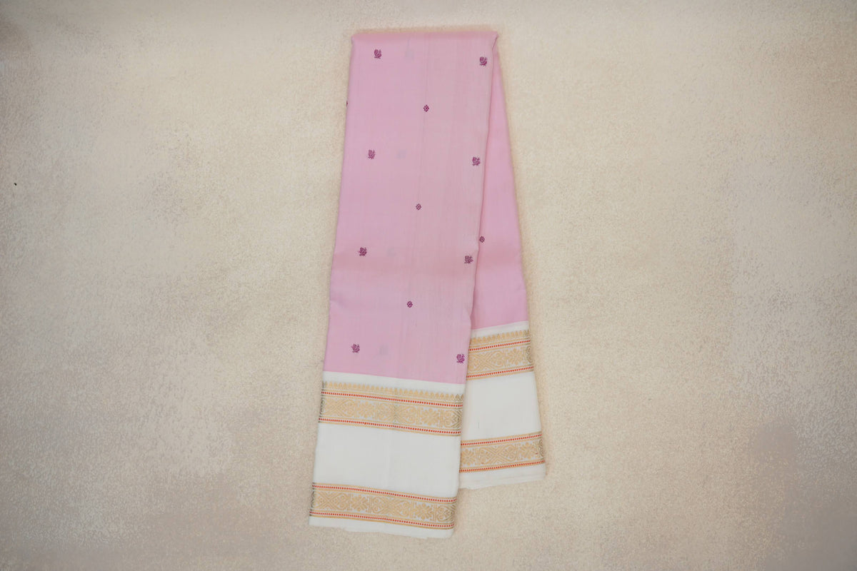 Online Baby Pink with Off White Rettai Pettu Borders Vintage Kanjivaram Silk Saree