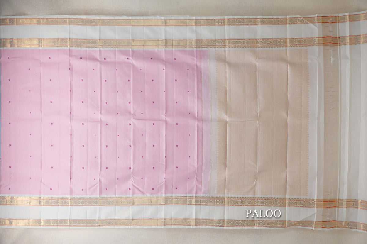 Baby Pink with Off White Rettai Pettu Borders Vintage Kanjivaram Silk Saree paloo