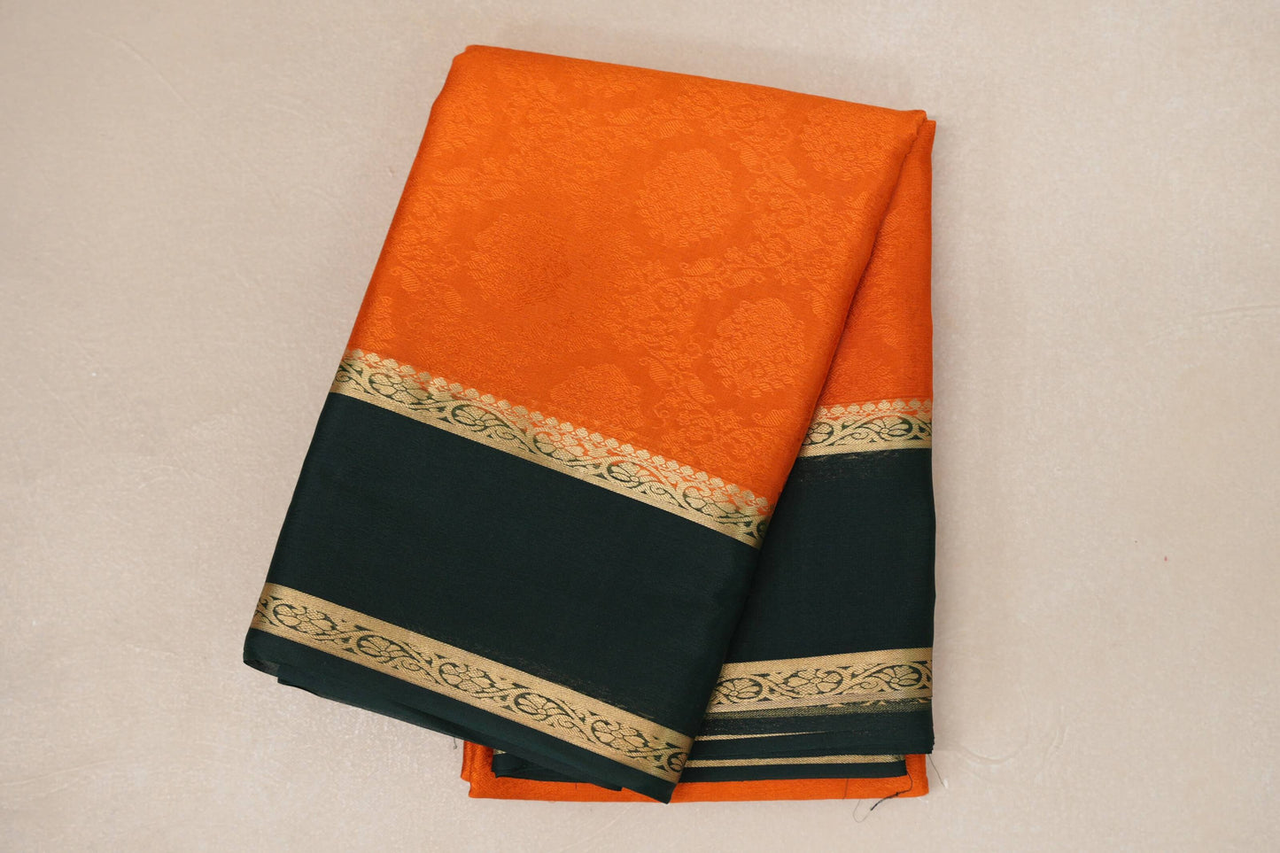 Bright Orange with Bottle Green Borders Mysore Silk Saree SS9002