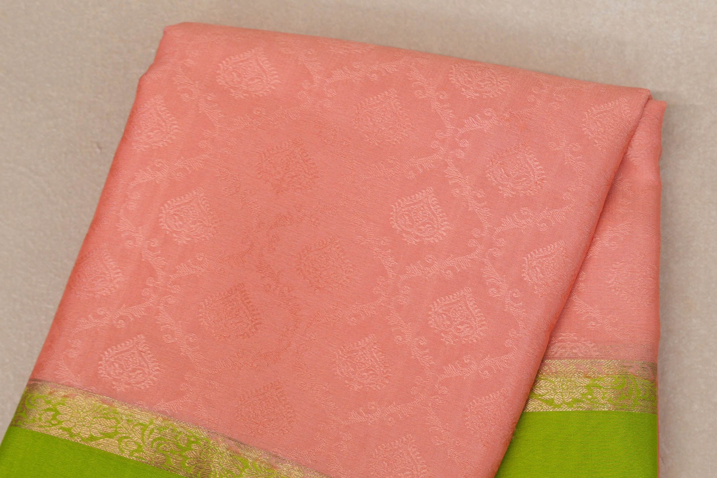 Peach with Parrot Green Borders Mysore Silk Saree SS9004