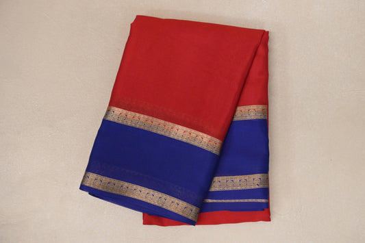 Kumkum Red with Royal Blue Borders Mysore Silk Saree SS9008