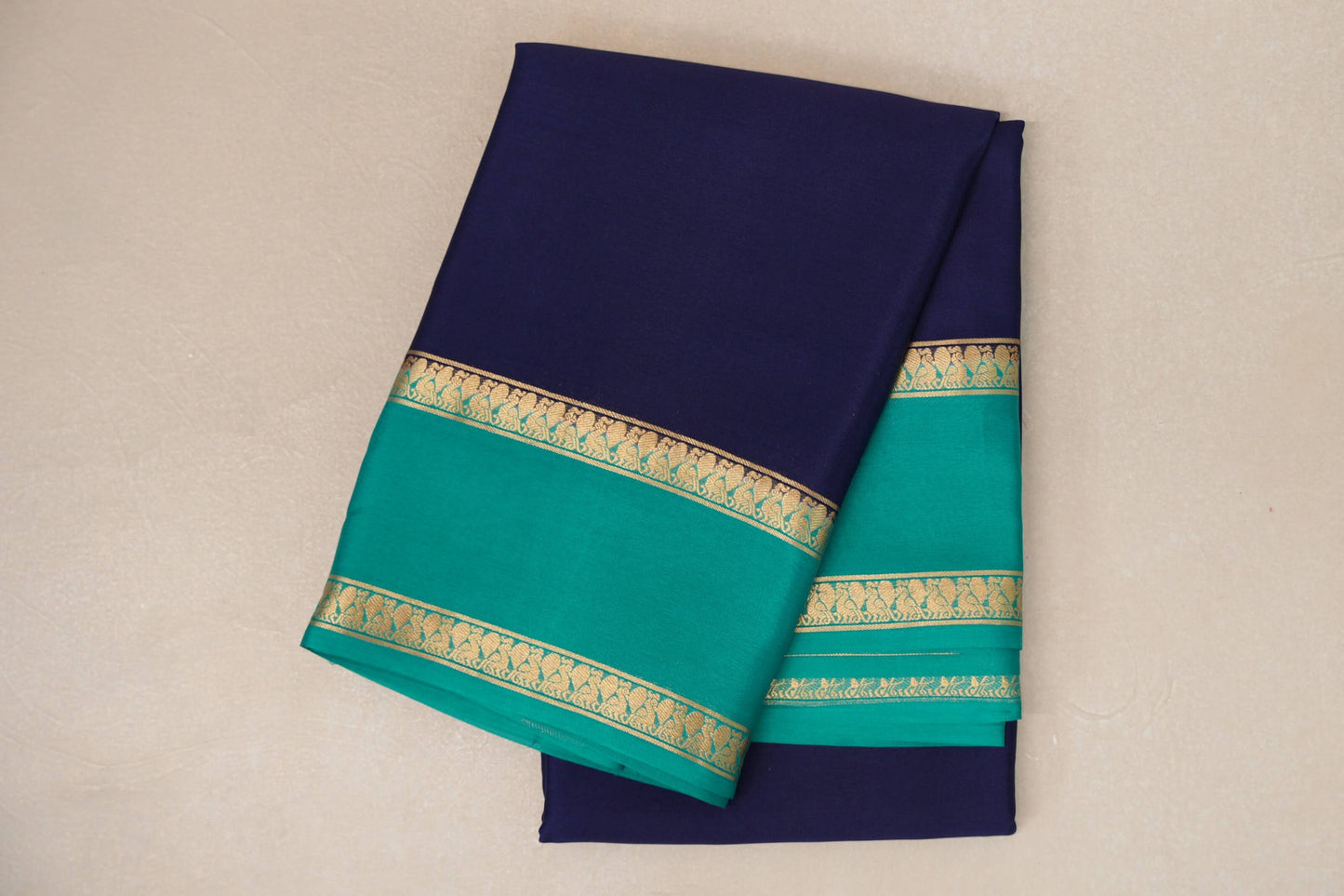 Deep Navy Blue with Aqua Green Borders Mysore Silk Saree SS9011