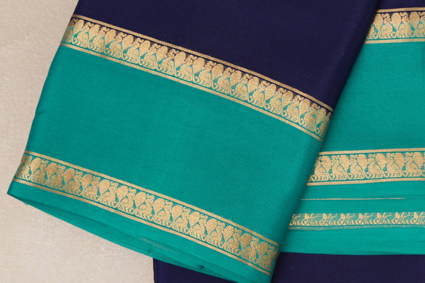 Deep Navy Blue with Aqua Green Borders Mysore Silk Saree SS9011