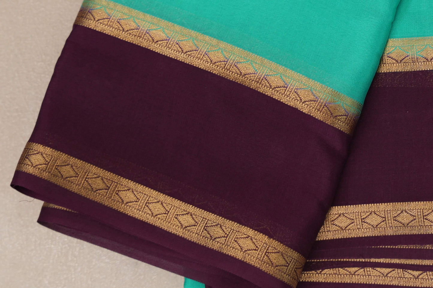 Aqua Green with Deep Purple Borders Mysore Silk Saree SS9012