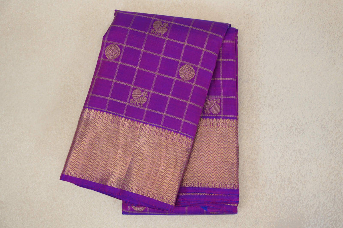 Violet Purple with Zari Checks Vintage Heirloom Kanjivaram Silk Saree