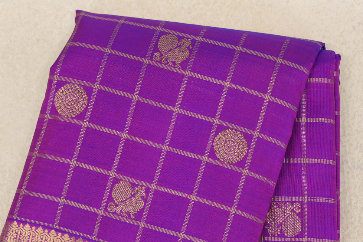 Violet Purple with Zari Checks Vintage Heirloom Kanjivaram Silk Saree body