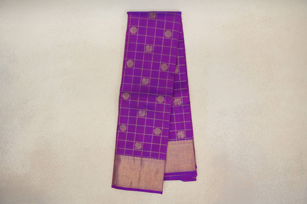 Online Violet Purple with Zari Checks Vintage Heirloom Kanjivaram Silk Saree