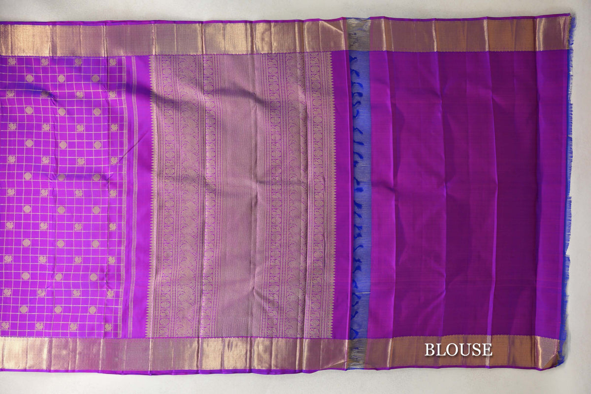 Violet Purple with Zari Checks Vintage Heirloom Kanjivaram Silk Saree blouse