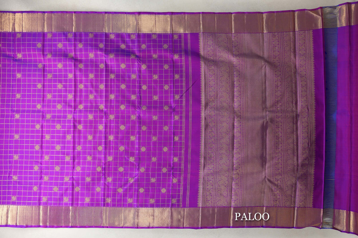 Violet Purple with Zari Checks Vintage Heirloom Kanjivaram Silk Saree paloo