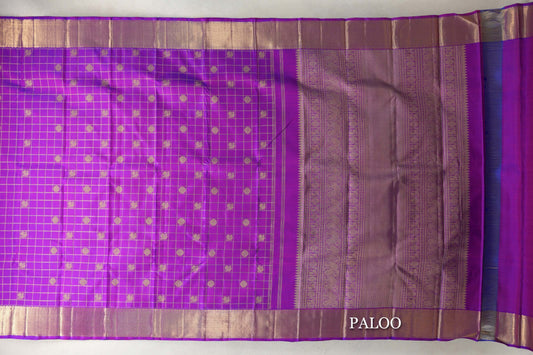Violet Purple with Zari Checks Vintage Heirloom Kanjivaram Silk Saree paloo