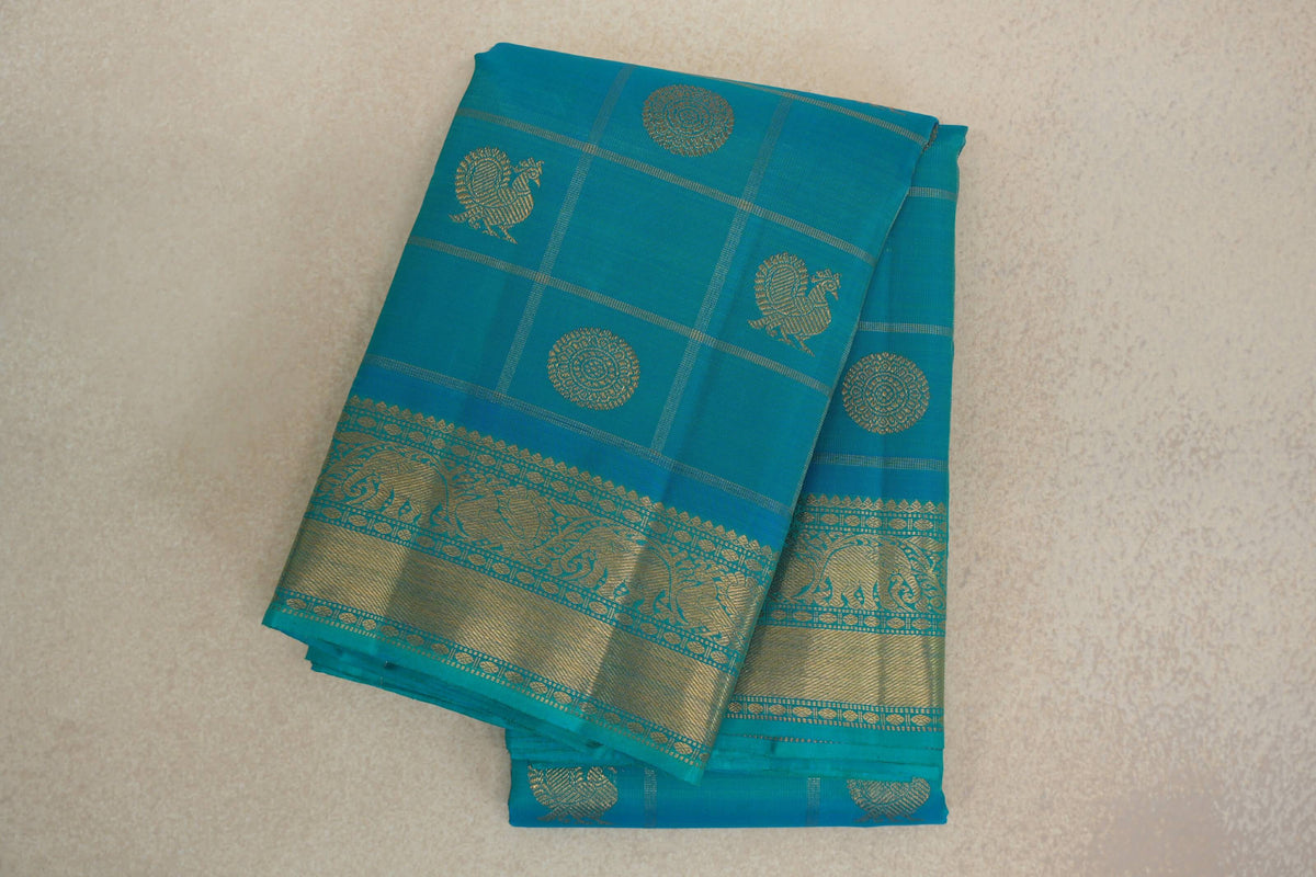 Sea Blue with Zari Checks Vintage Heirloom Kanjivaram Silk Saree