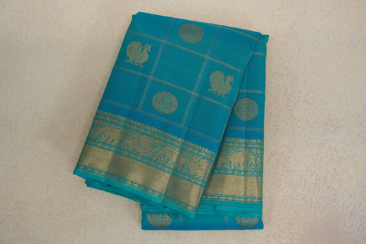 Sea Blue with Zari Checks Vintage Heirloom Kanjivaram Silk Saree