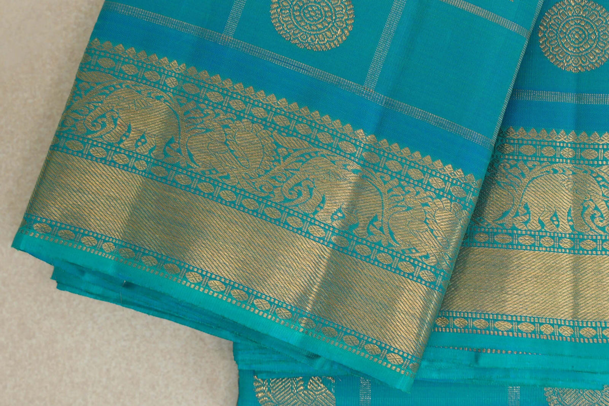 Sea Blue with Zari Checks Vintage Heirloom Kanjivaram Silk Saree border