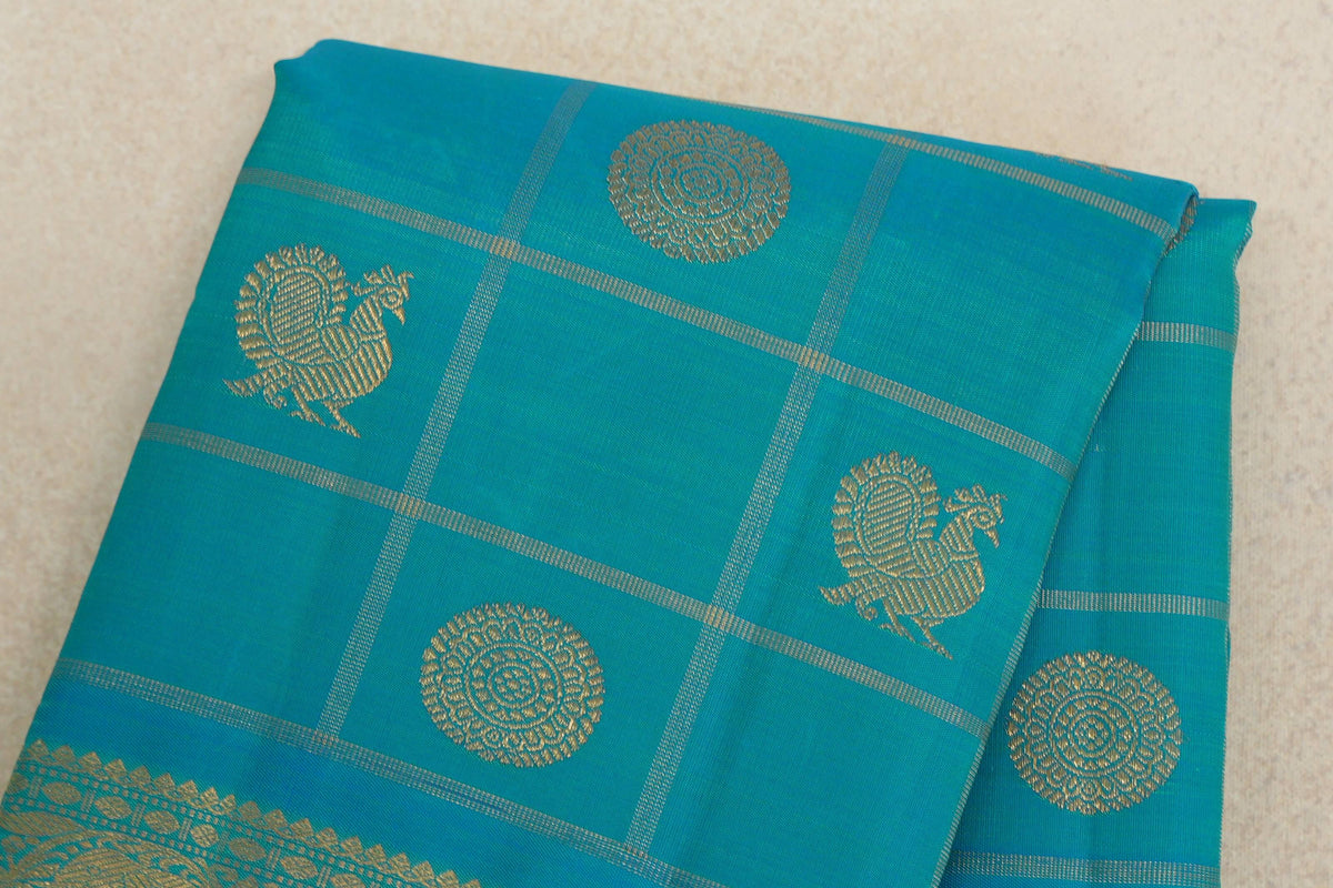 Sea Blue with Zari Checks Vintage Heirloom Kanjivaram Silk Saree body