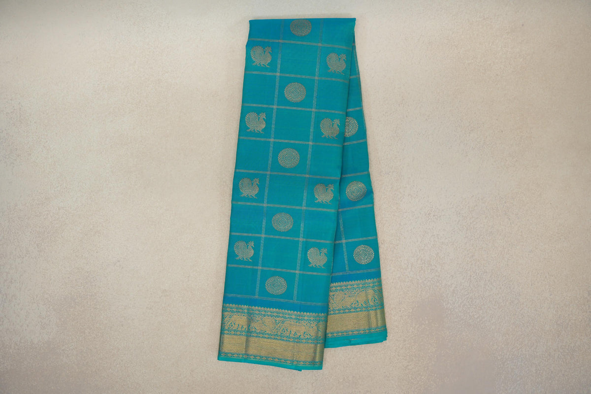 Online Sea Blue with Zari Checks Vintage Heirloom Kanjivaram Silk Saree