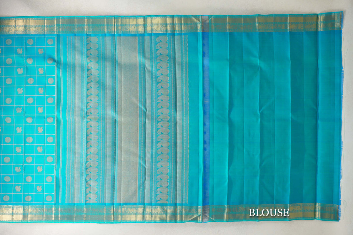 Sea Blue with Zari Checks Vintage Heirloom Kanjivaram Silk Saree blouse
