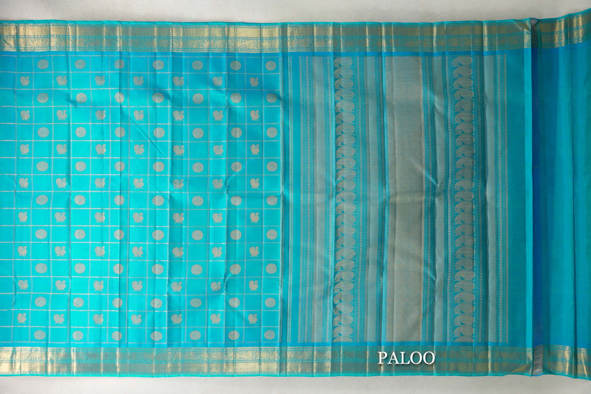 Sea Blue with Zari Checks Vintage Heirloom Kanjivaram Silk Saree paloo