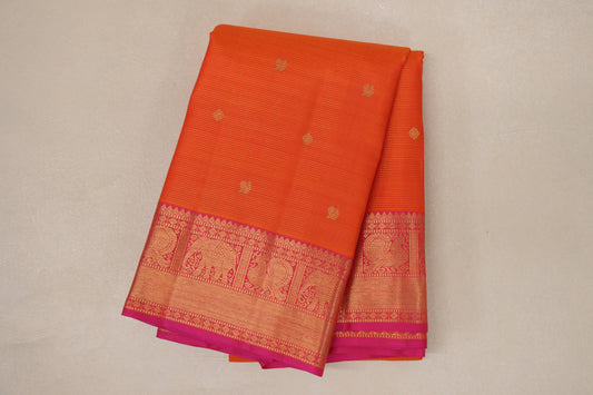 Bright Orange with Orangish Pink Borders Vintage Heirloom Kanjivaram Silk Saree SS9033