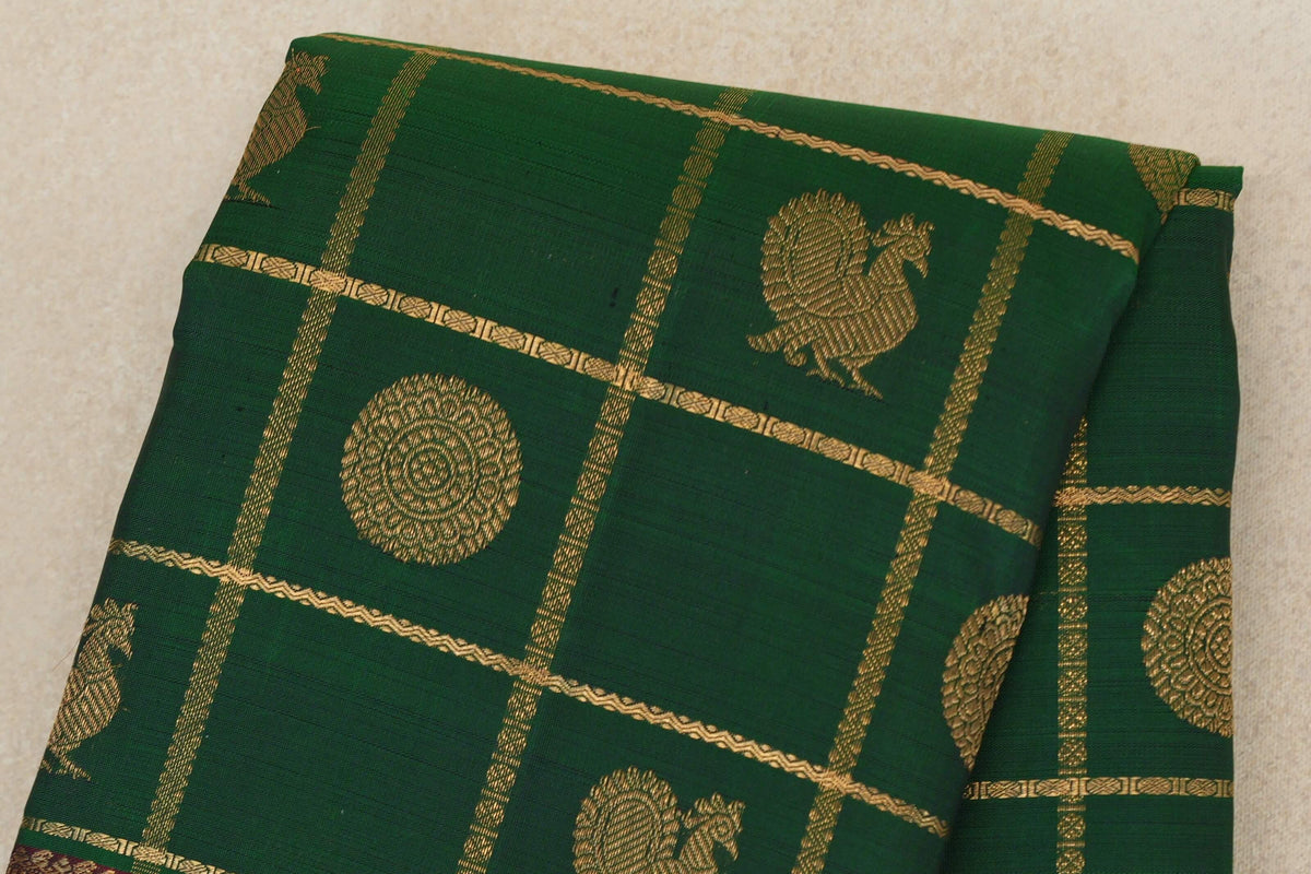 Dark Green with Zari Checks Vintage Heirloom Kanjivaram Silk Saree body