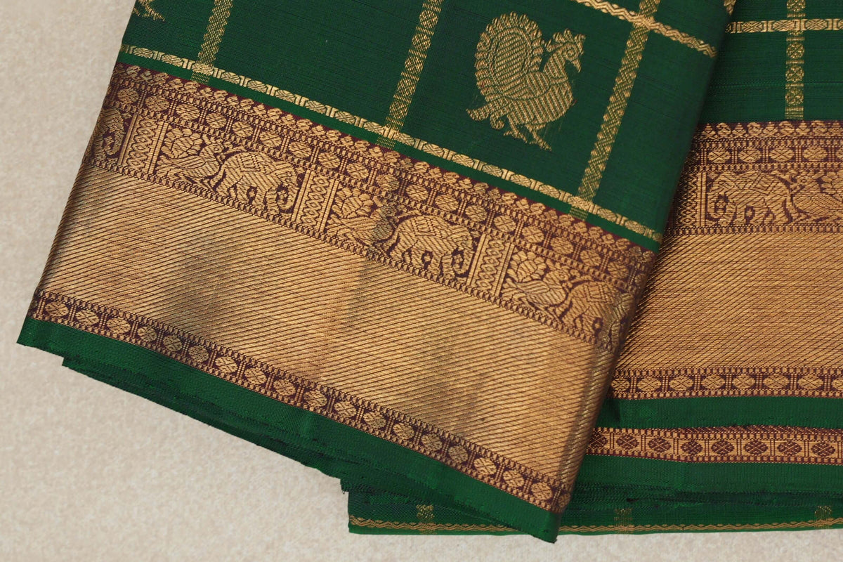 Dark Green with Zari Checks Vintage Heirloom Kanjivaram Silk Saree border