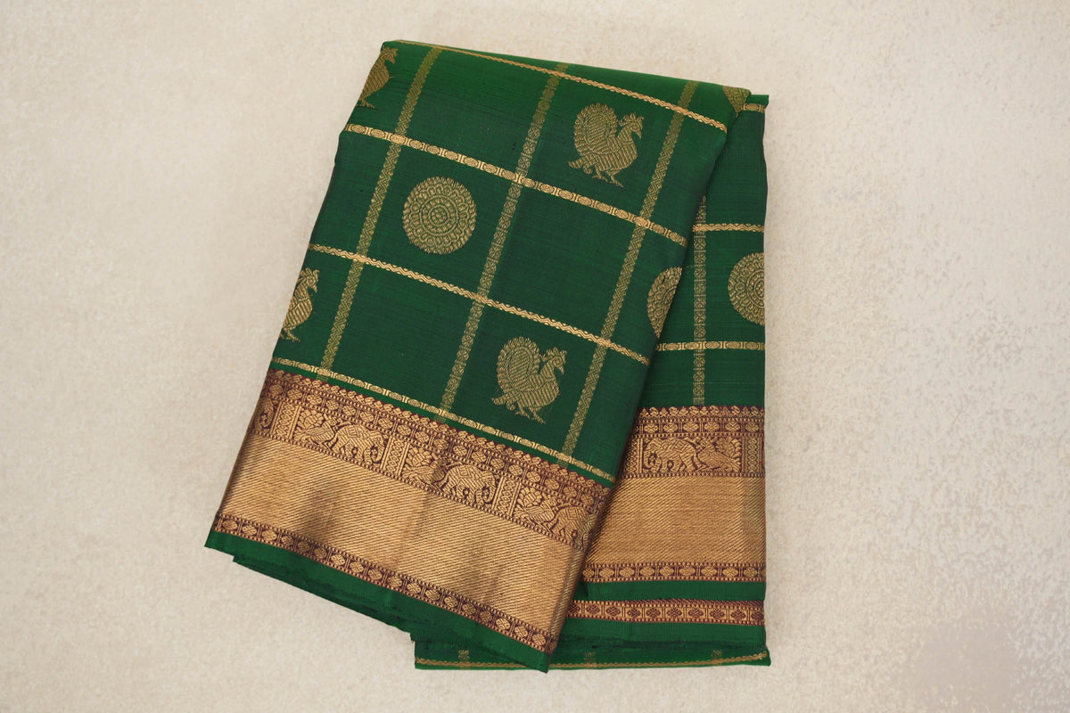 Dark Green with Zari Checks Vintage Heirloom Kanjivaram Silk Saree