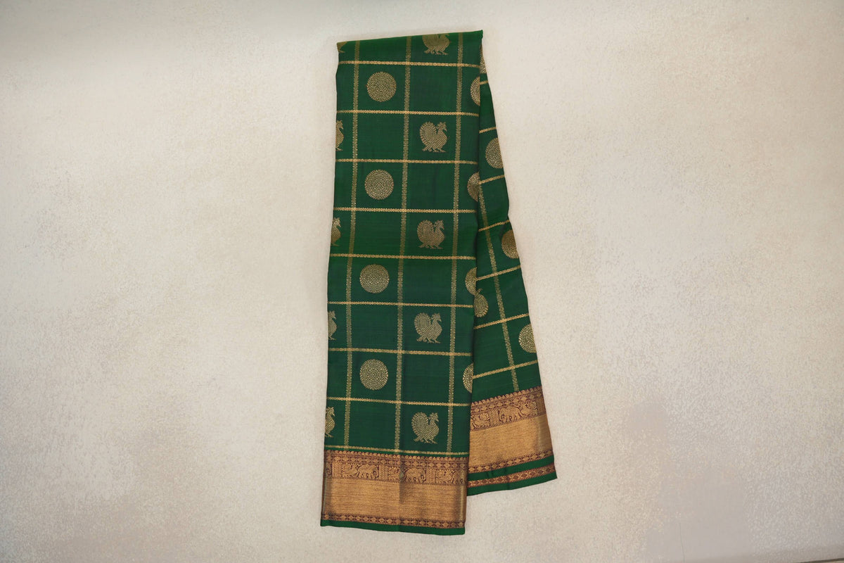 Online Dark Green with Zari Checks Vintage Heirloom Kanjivaram Silk Saree