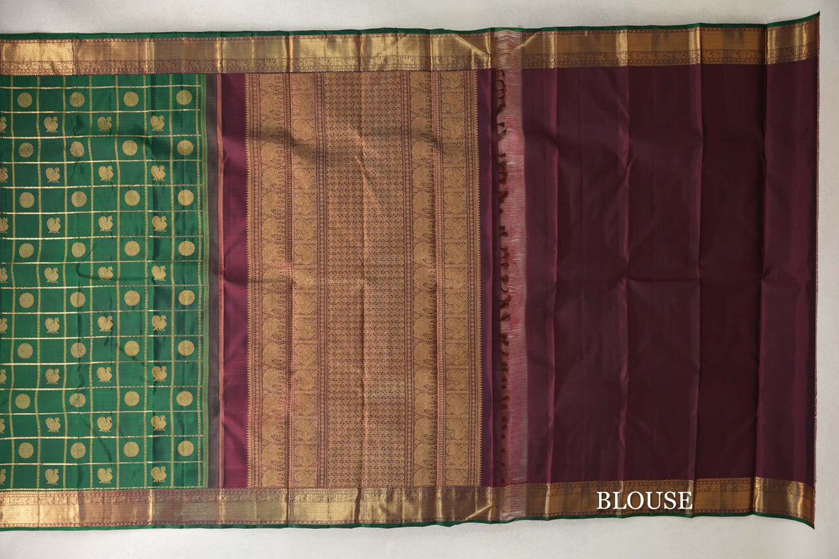 Dark Green with Zari Checks Vintage Heirloom Kanjivaram Silk Saree blouse