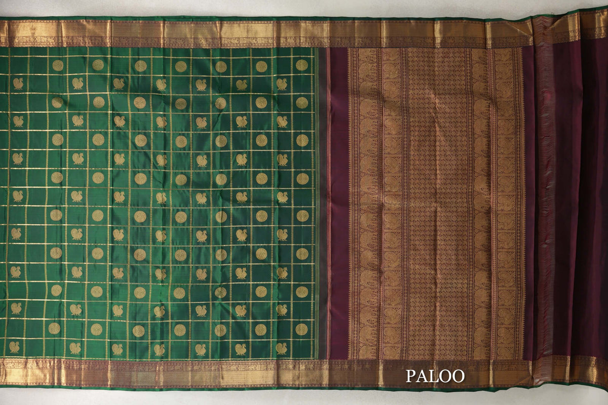 Dark Green with Zari Checks Vintage Heirloom Kanjivaram Silk Saree paloo