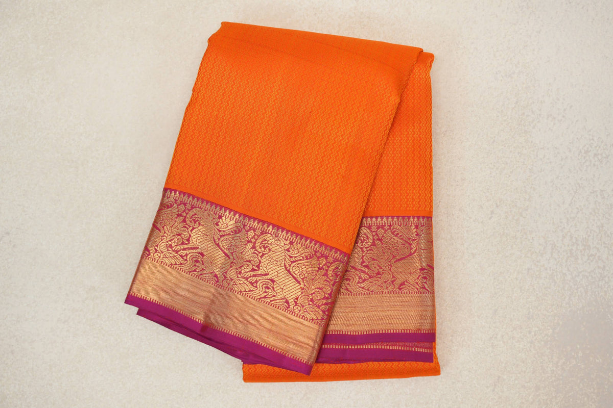 Fanta Orange with Pink Borders Vintage Heirloom Kanjivaram Silk Saree