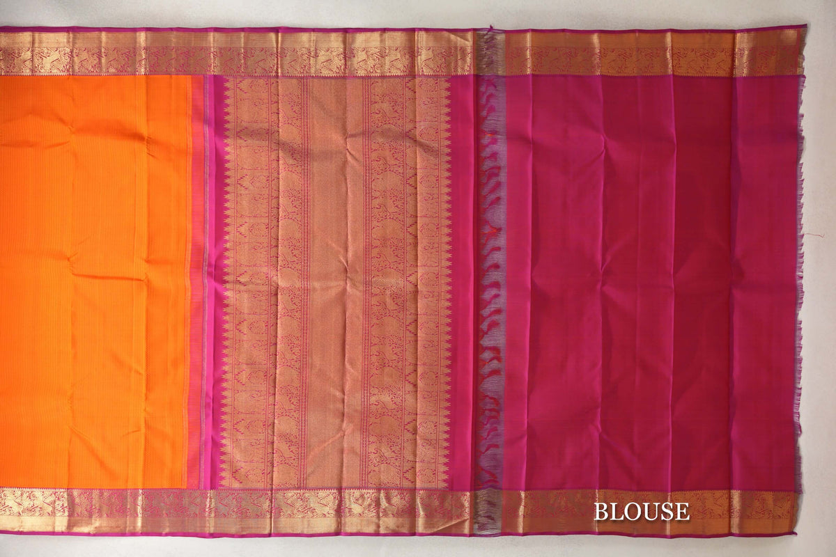 Fanta Orange with Pink Borders Vintage Heirloom Kanjivaram Silk Saree blouse