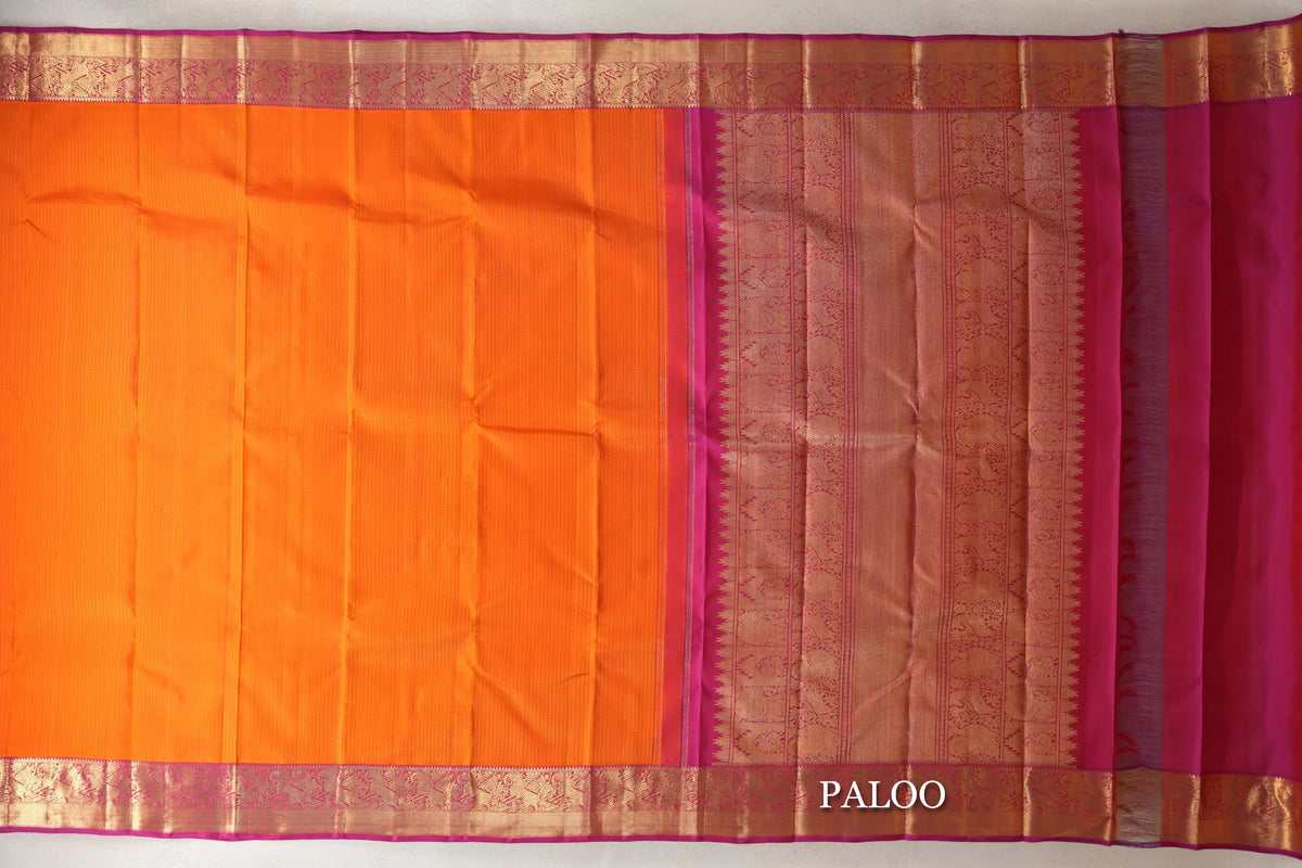 Fanta Orange with Pink Borders Vintage Heirloom Kanjivaram Silk Saree paloo