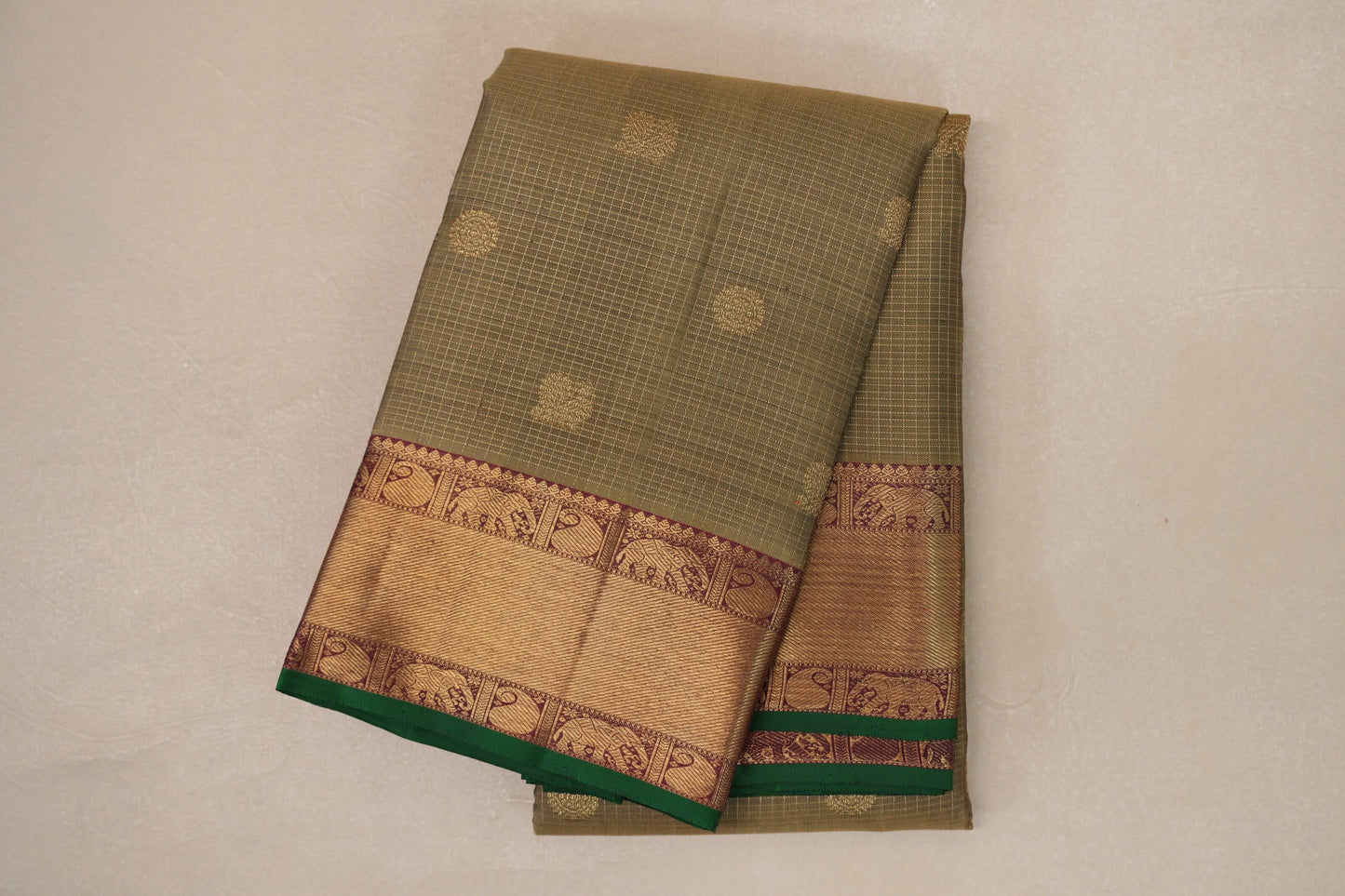 Olive Green with Deep Maroon Borders and Green Selvedge Vintage Heirloom Kanjivaram Silk Saree SS9035