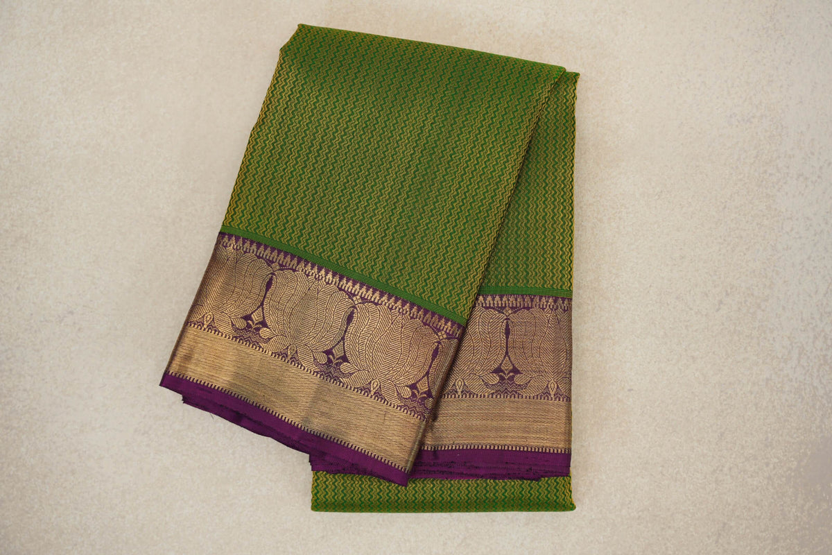 Leaf Green with Purple Borders Vintage Heirloom Kanjivaram Silk Saree