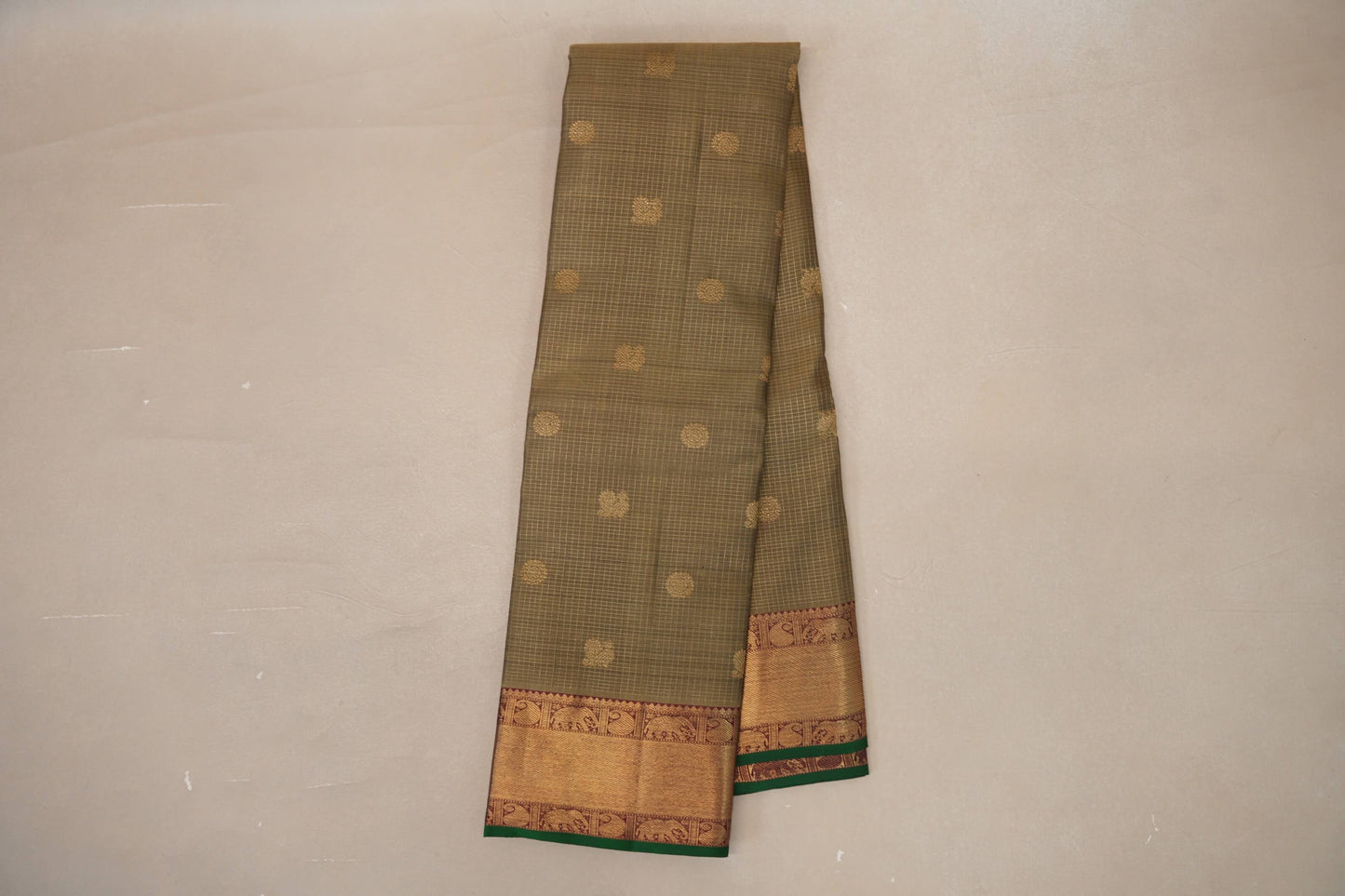 Olive Green with Deep Maroon Borders and Green Selvedge Vintage Heirloom Kanjivaram Silk Saree SS9035