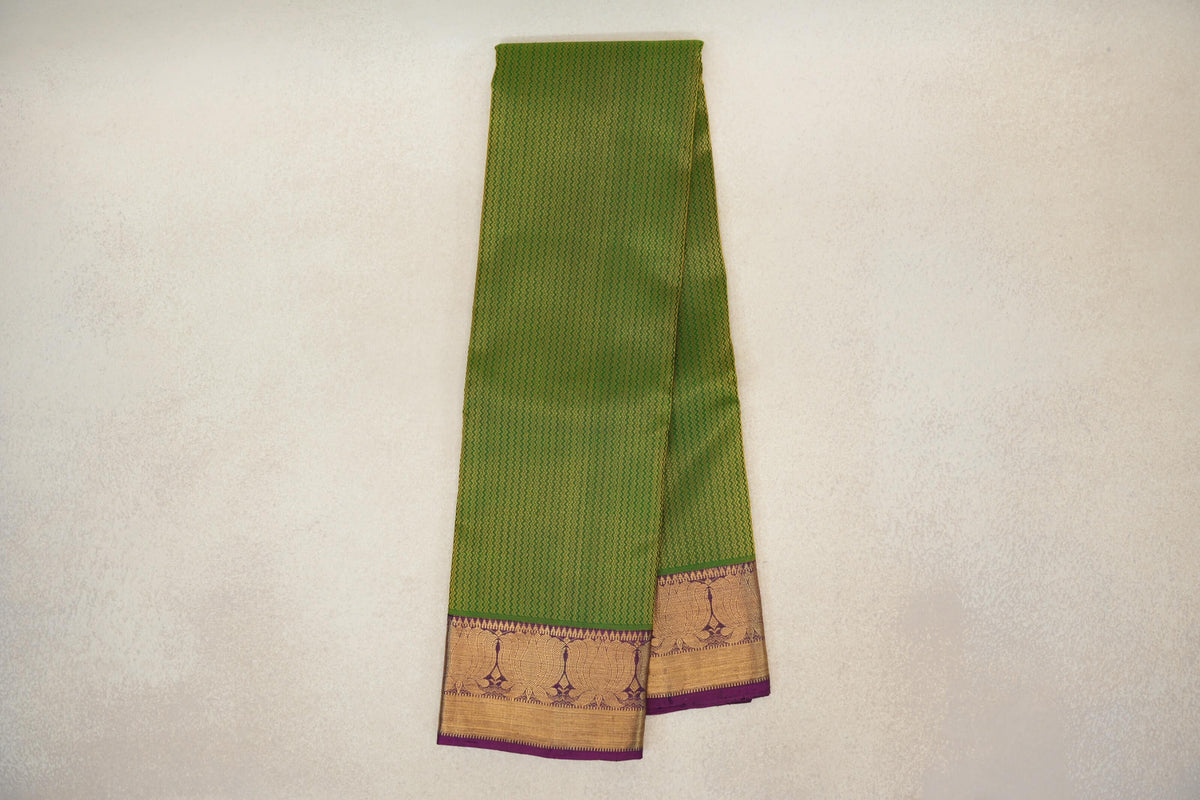 Online Leaf Green with Purple Borders Vintage Heirloom Kanjivaram Silk Saree