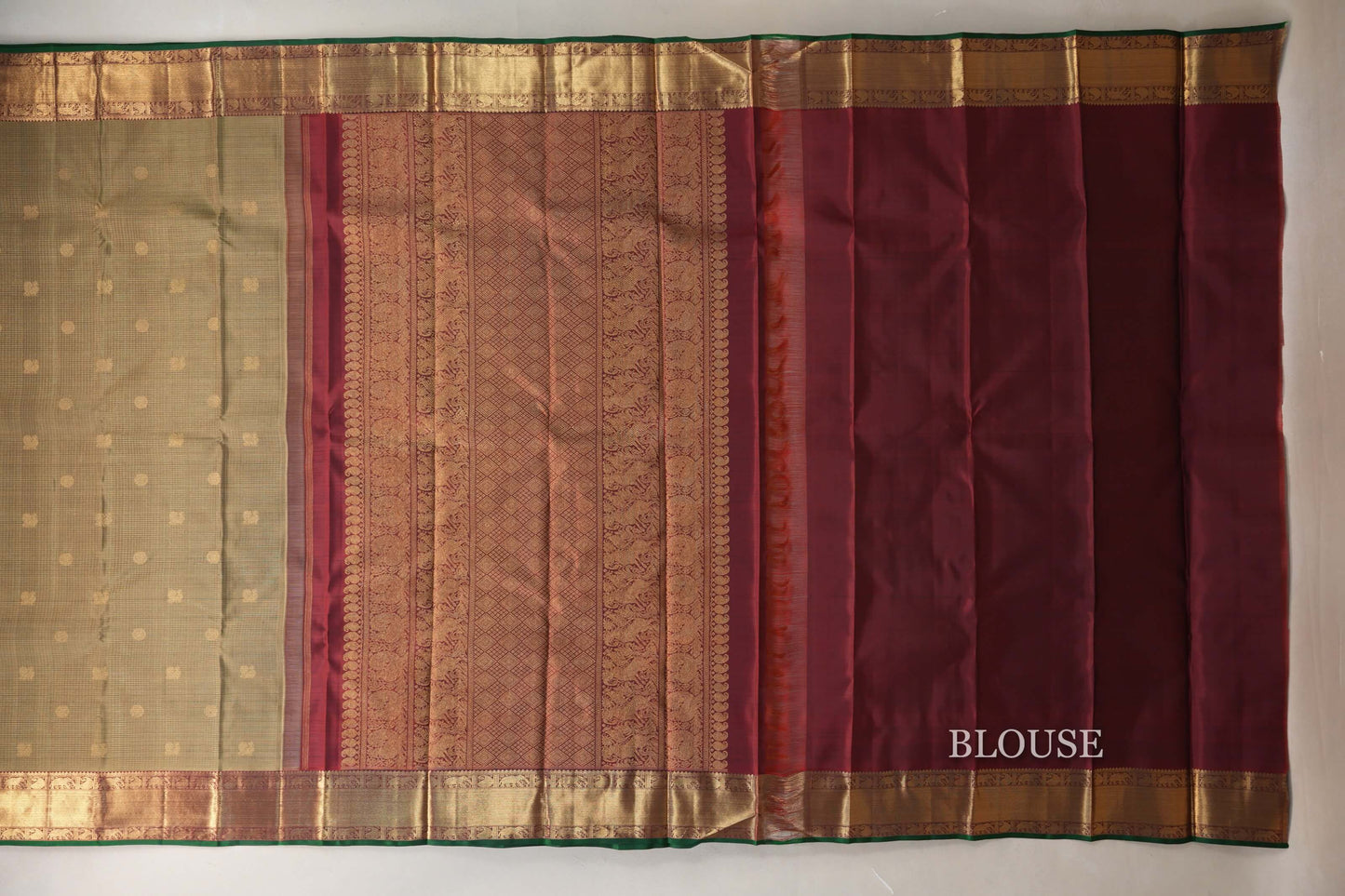 Olive Green with Deep Maroon Borders and Green Selvedge Vintage Heirloom Kanjivaram Silk Saree SS9035