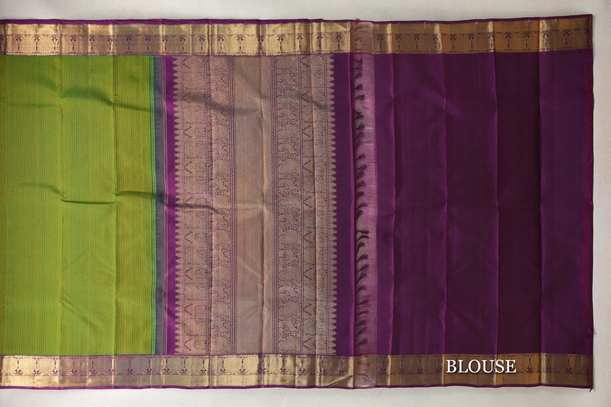 Leaf Green with Purple Borders Vintage Heirloom Kanjivaram Silk Saree blouse